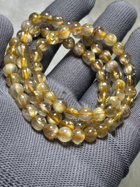 画像1: 天然石ルチルクオーツ3連ブレスレット、7.2mm、39.9g (1)